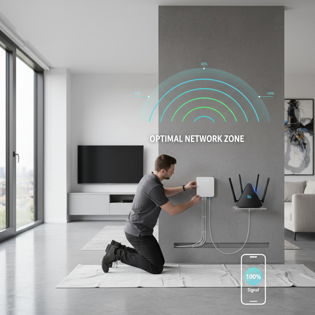 un technicien installant un boitier de fibre optique pour un débit optimal dans un appartement.