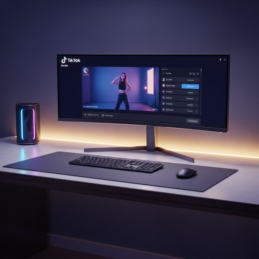 Un bureau avec un écran d'ordinateur avec le site TikTok studio ouvert sur l'onglet rémunération TikTok