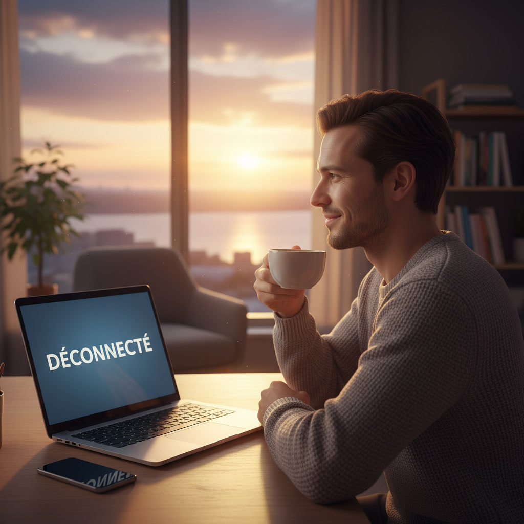 Une personne qui illustre le droit à la déconnexion en ayant son téléphone éteint et son PC déconnecté en buvant un café.