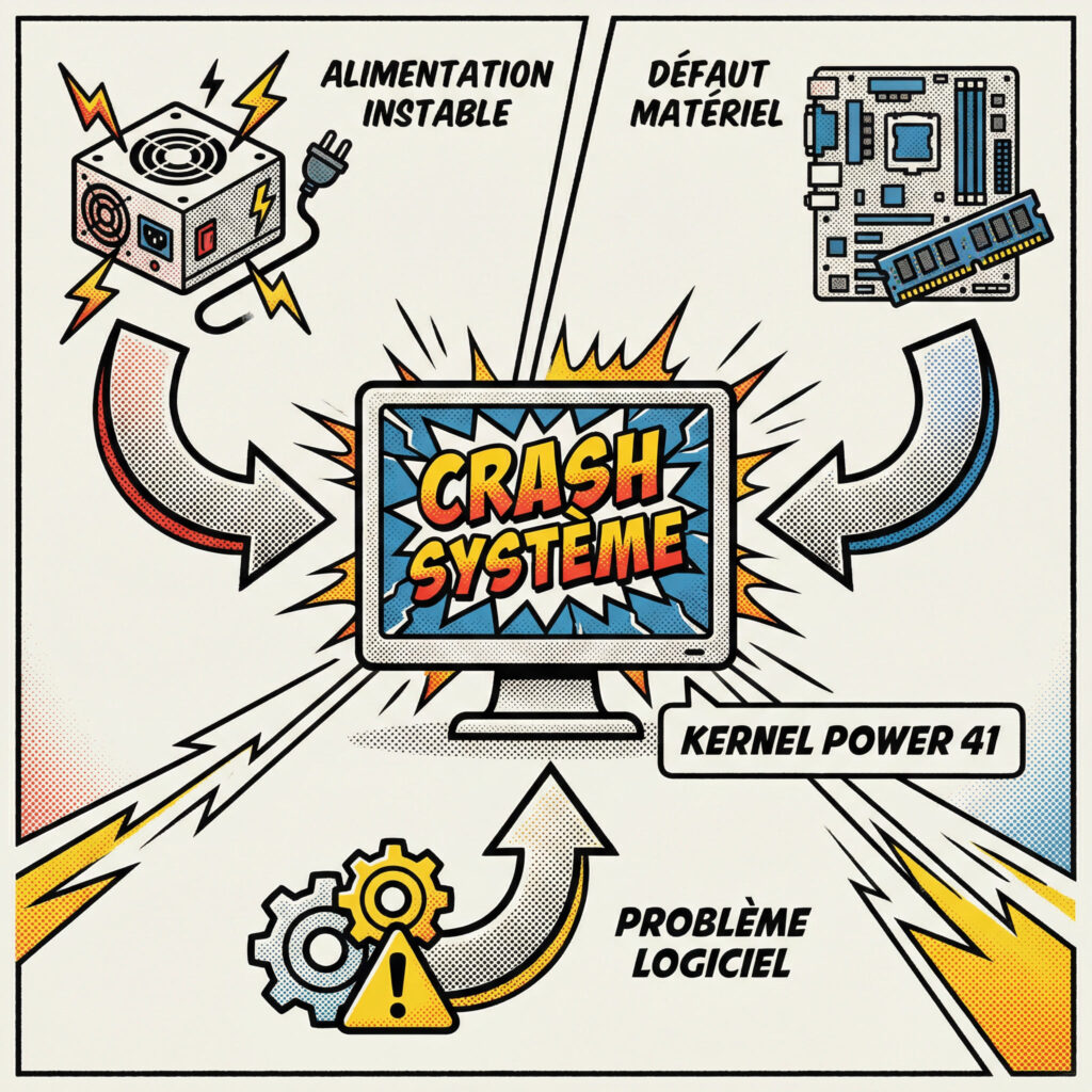 Schéma des principales causes de l’erreur Kernel Power 41 sur Windows
