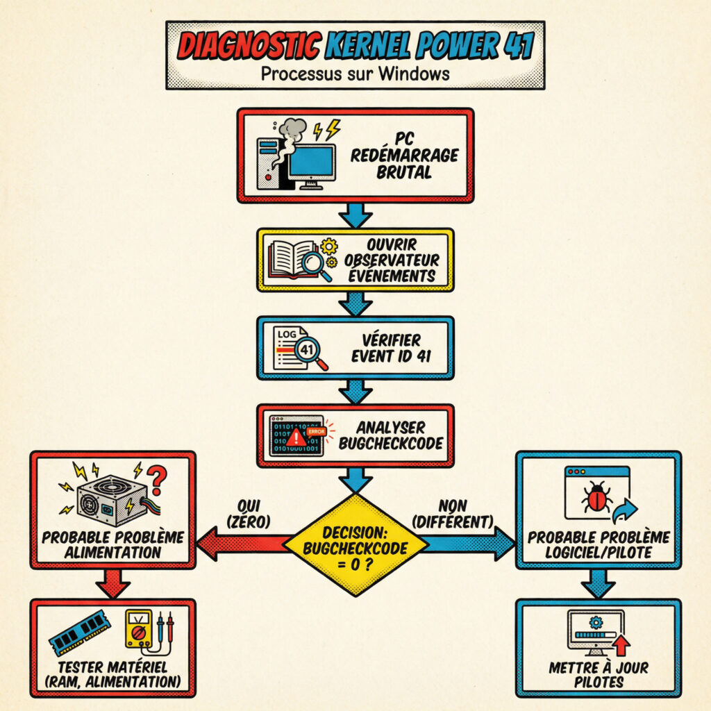 Schéma du processus de diagnostic de l’erreur Kernel Power 41 sur Windows