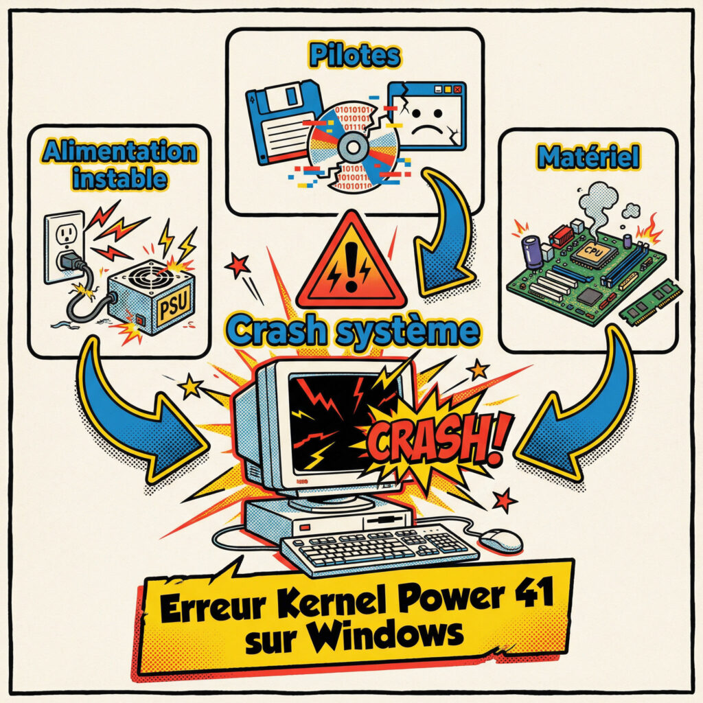 Schéma explicatif de l’erreur Kernel Power 41 montrant les causes d’un crash système
