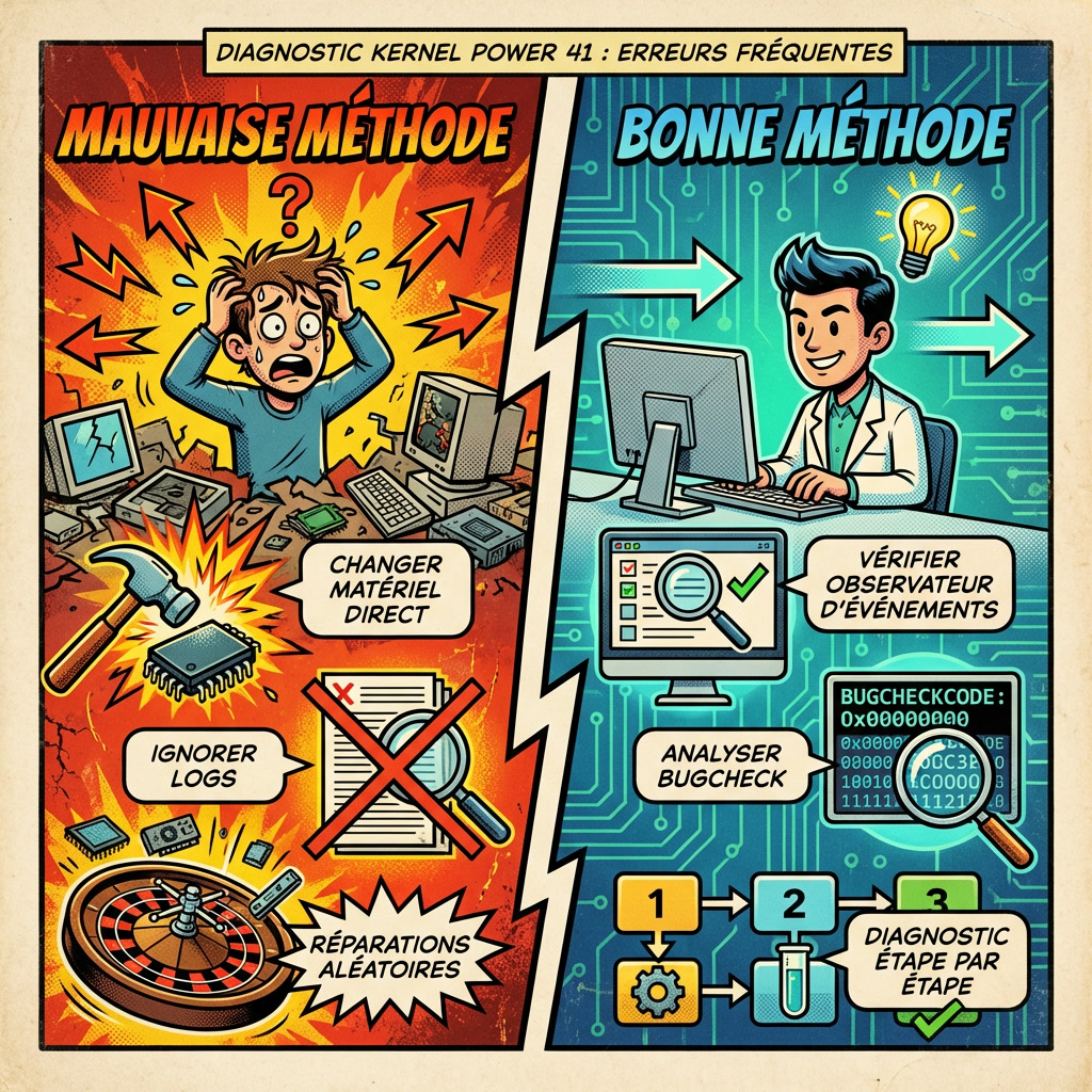Comparaison des erreurs fréquentes et bonnes pratiques pour diagnostiquer Kernel Power 41