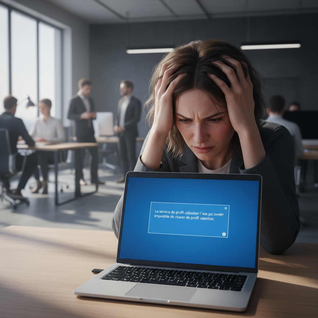 Une femme dans un open space rencontre l'erreur suivante sur windows : Le service de profil utilisateur n’a pas pu ouvrir de session