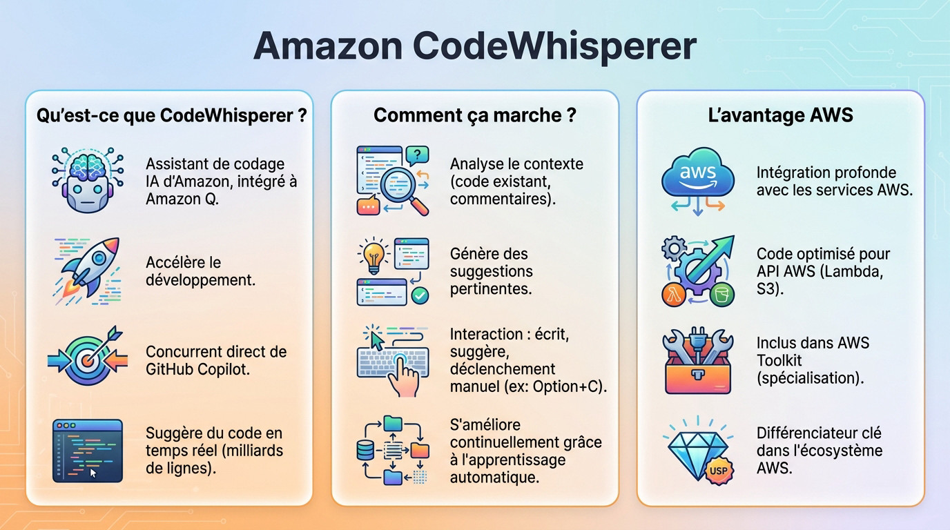 Infographie illustrant le fonctionnement et les intégrations d'Amazon CodeWhisperer dans l'écosystème de développement