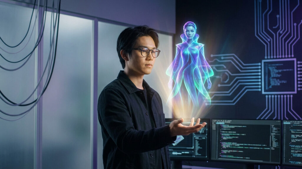 Un homme ayant une interaction avec un influenceur virtuel du saas Pykaso AI