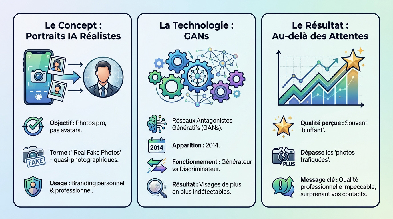 Comparaison entre un selfie amateur et un portrait professionnel généré par IA grâce aux réseaux antagonistes génératifs