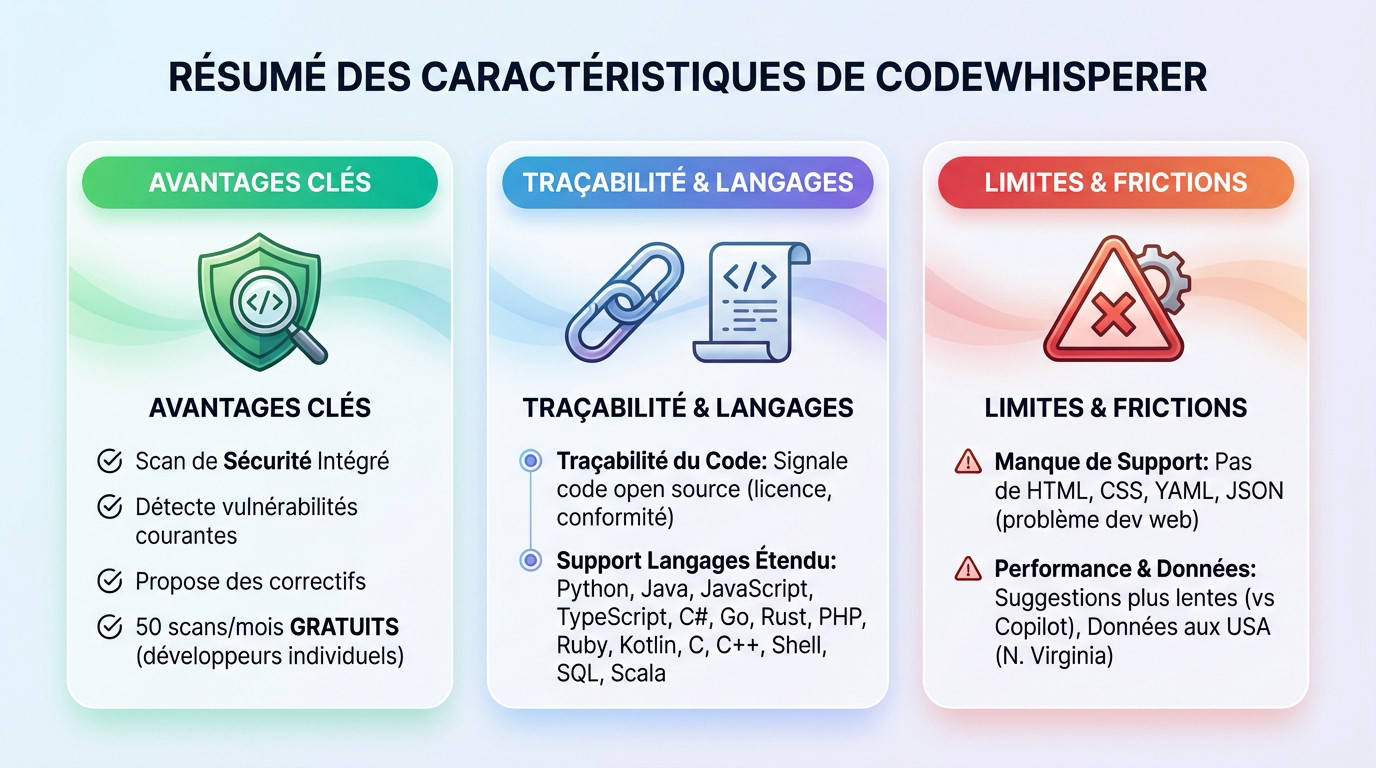 Tableau récapitulatif des fonctionnalités et caractéristiques principales d'Amazon CodeWhisperer