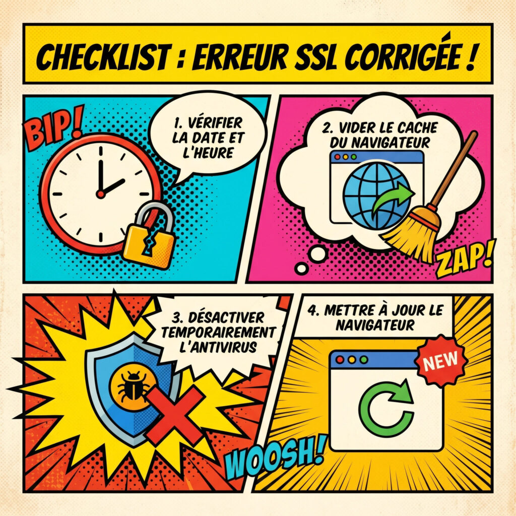 checklist corriger erreur certificat SSL étapes solution navigateur sécurité comics