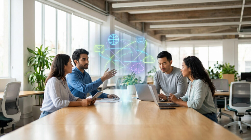 Une salle de réunion où des employés partagent des idées, commentaires, avis, sur Viva Engage