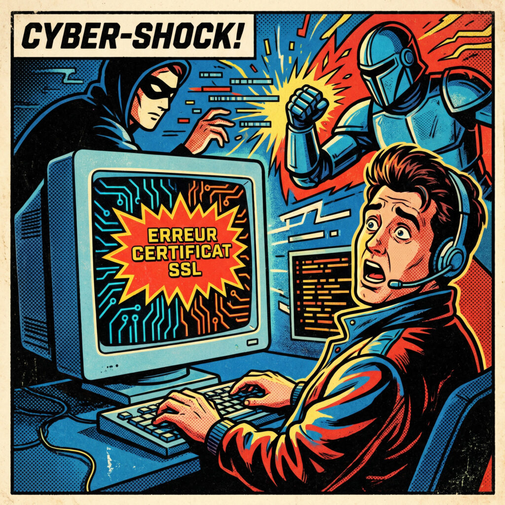 80s comic book style, dramatic scene of a user facing a browser warning "Erreur certificat SSL", glowing red warning screen, broken padlock symbol, intense facial expression, bold black ink outlines, halftone dots texture, vibrant retro colors (red, blue, yellow), dynamic perspective, vintage comic shading, exaggerated emotion, cybersecurity theme, banana pro rendering, highly detailed, cinematic lighting