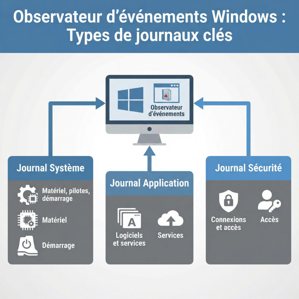 Schéma des journaux Windows : système, application et sécurité