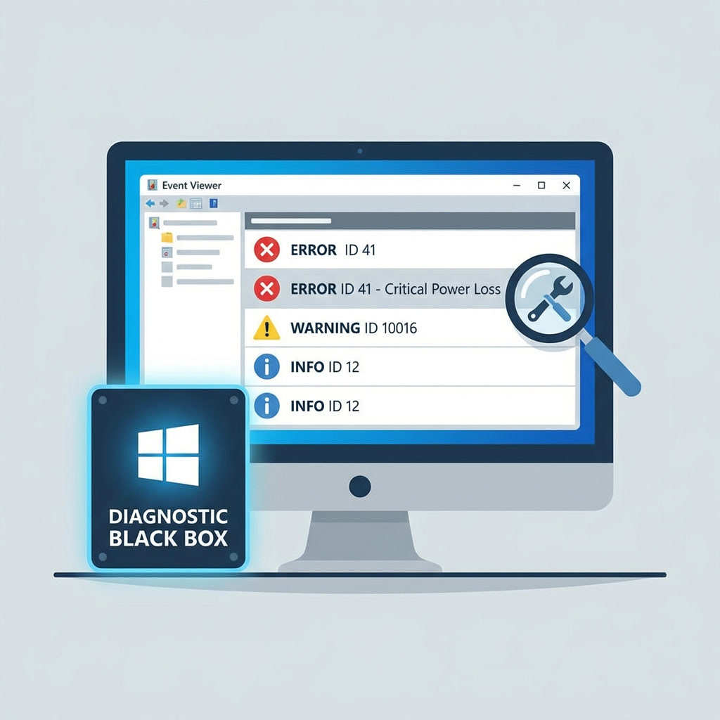 Illustration de l’Observateur d’événements Windows utilisé pour analyser les erreurs système