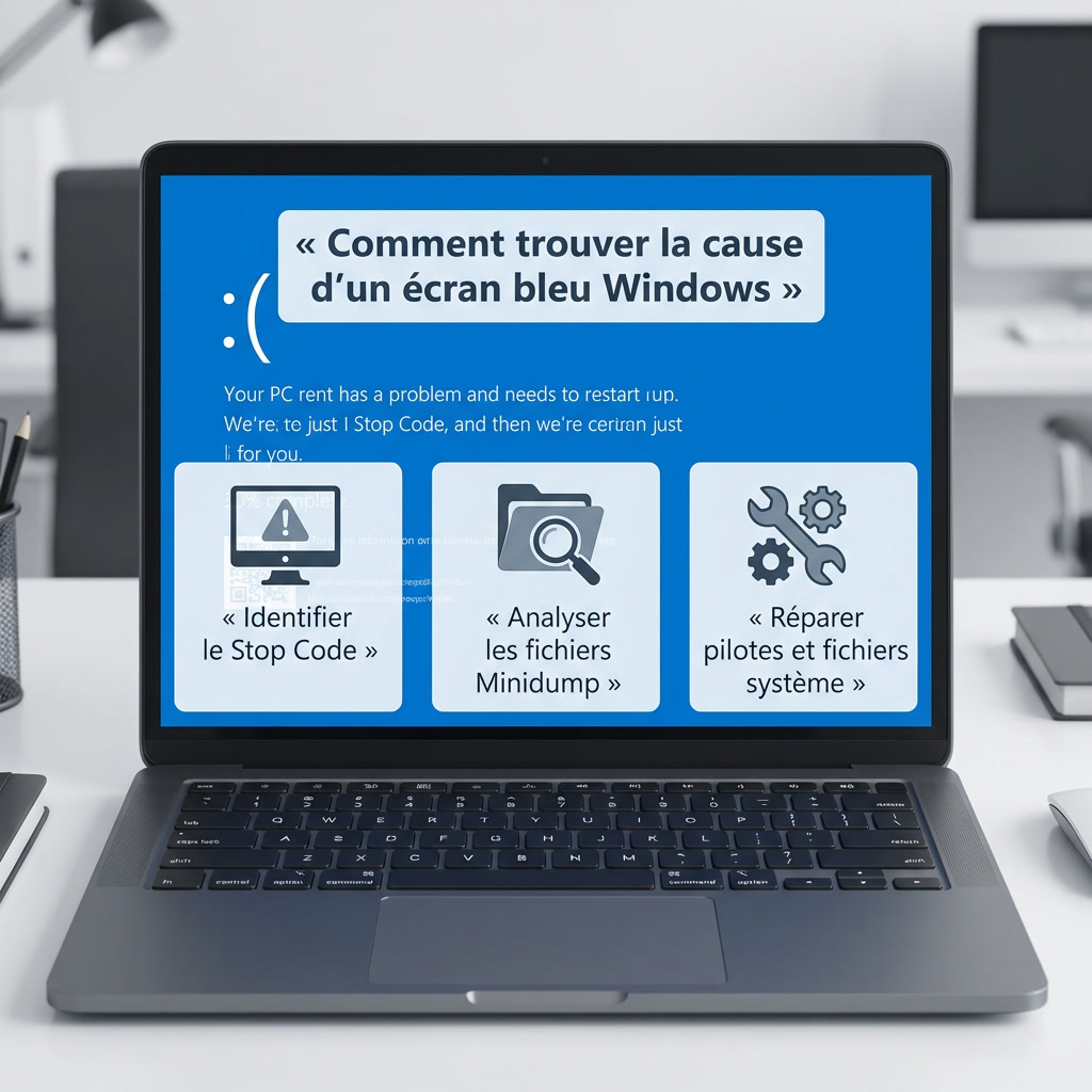 Méthode en trois étapes pour résoudre un écran bleu Windows : identifier le Stop Code, analyser les fichiers Minidump et réparer les pilotes ou fichiers système.