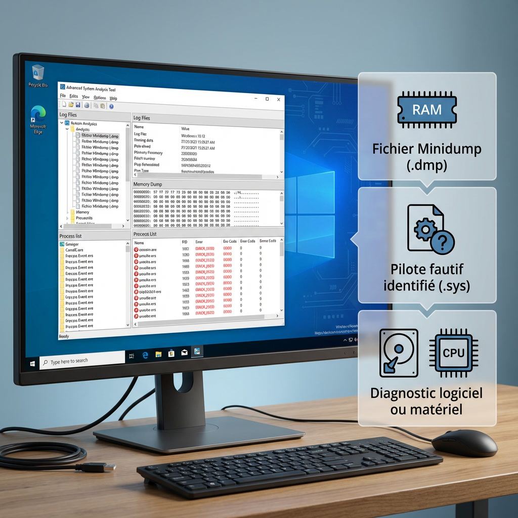 Analyse des fichiers Minidump Windows pour identifier un pilote fautif (.sys) et déterminer si l’écran bleu provient d’un problème logiciel ou matériel.