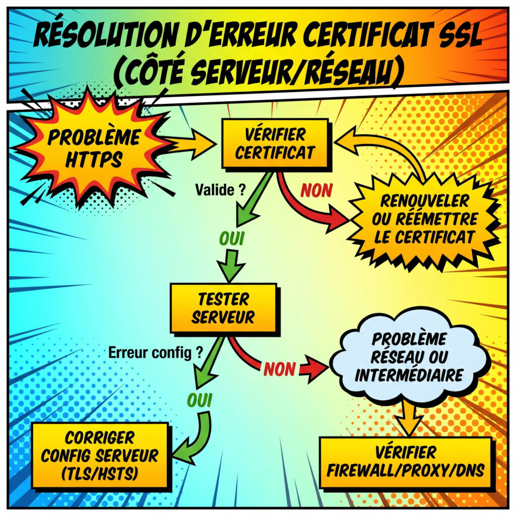 schéma dépannage erreur certificat SSL serveur HTTPS réseau étapes comics