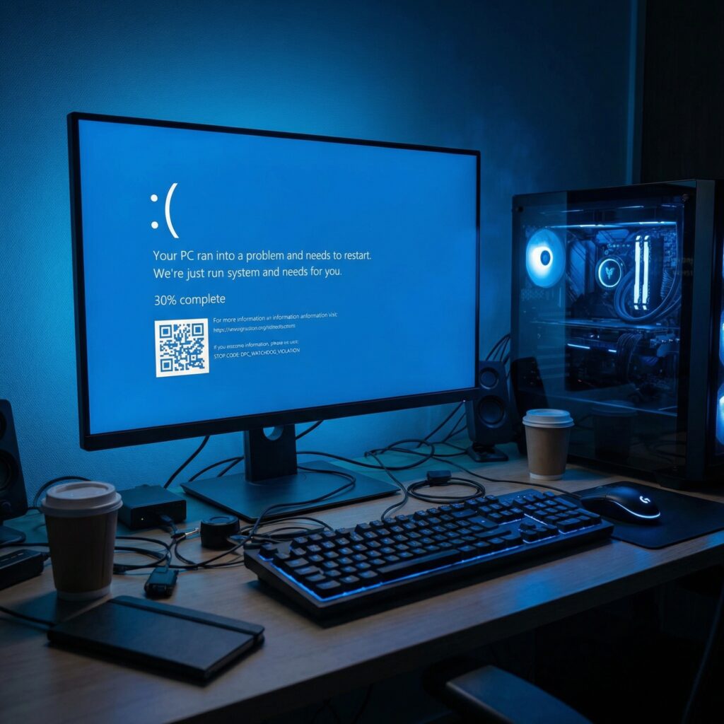 Exemple d’écran bleu Windows affichant l’erreur DPC_WATCHDOG_VIOLATION, souvent liée à un problème de pilote ou de stockage.