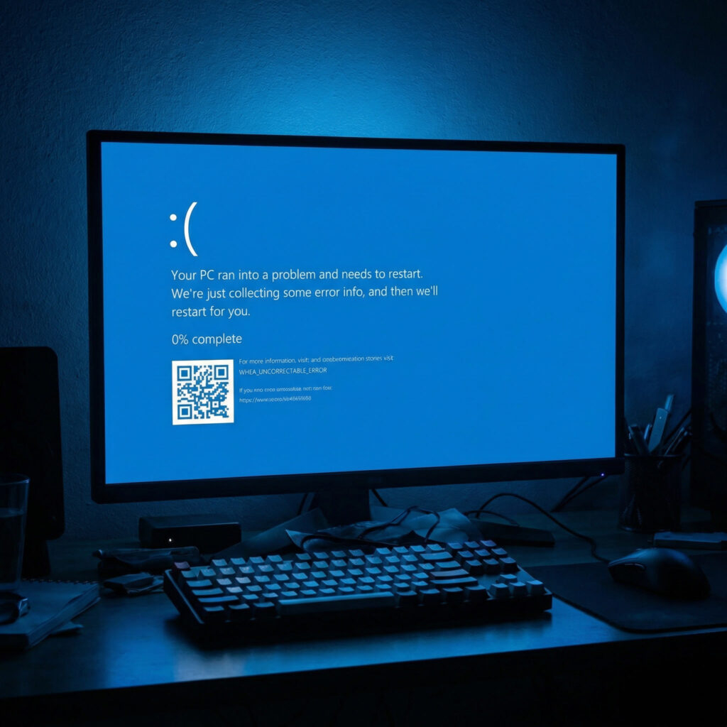 Illustration moderne expliquant l’erreur WHEA_UNCORRECTABLE_ERROR sur Windows 10 et 11, écran bleu stylisé, icônes représentant processeur, carte mère et disque dur, design infographique clair, palette bleu et gris, fond épuré, style professionnel
