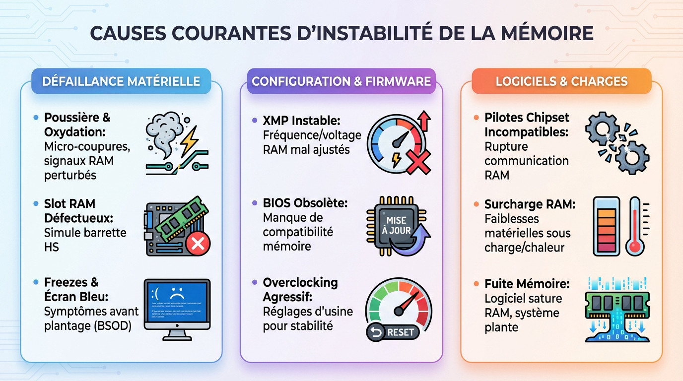 Schéma technique expliquant les causes d'un écran bleu lié à la ram