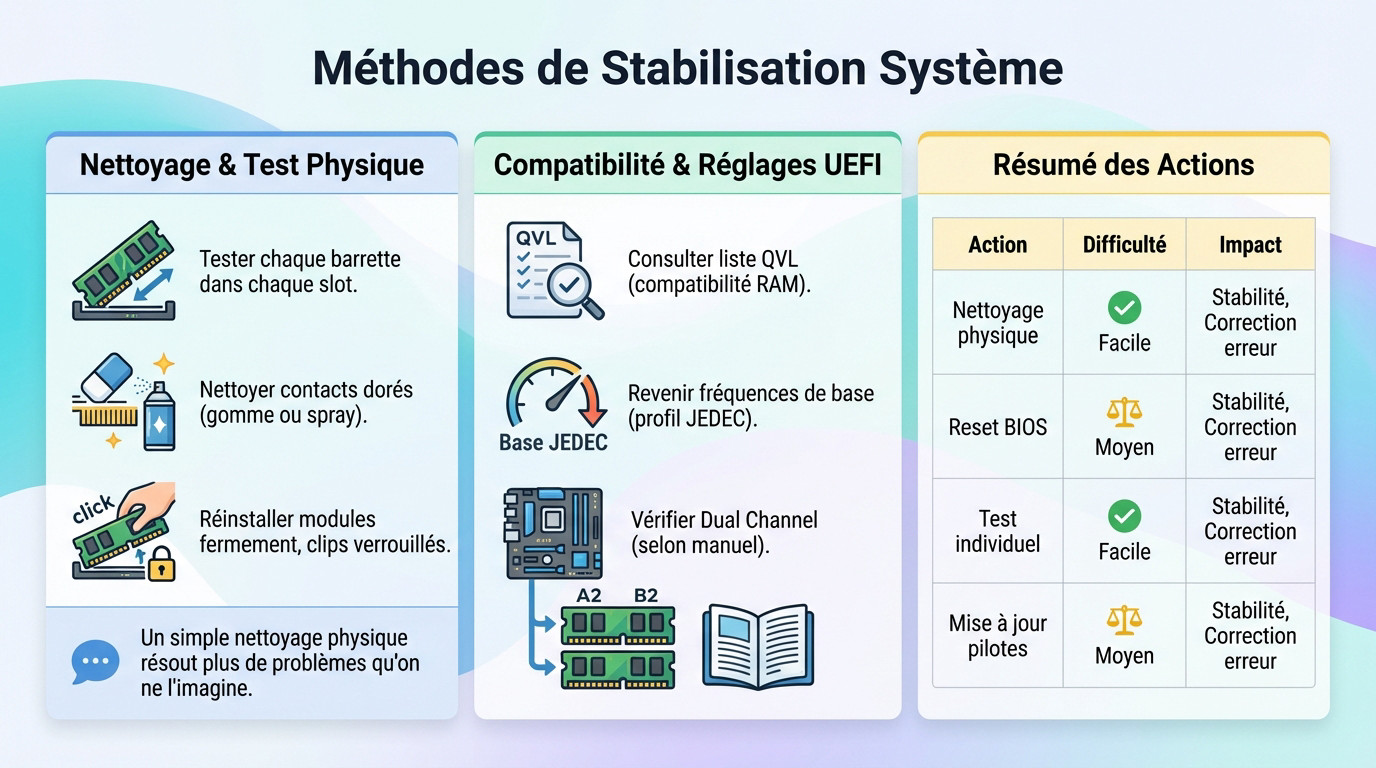 Technicien manipulant une barrette de RAM pour corriger un écran bleu Windows