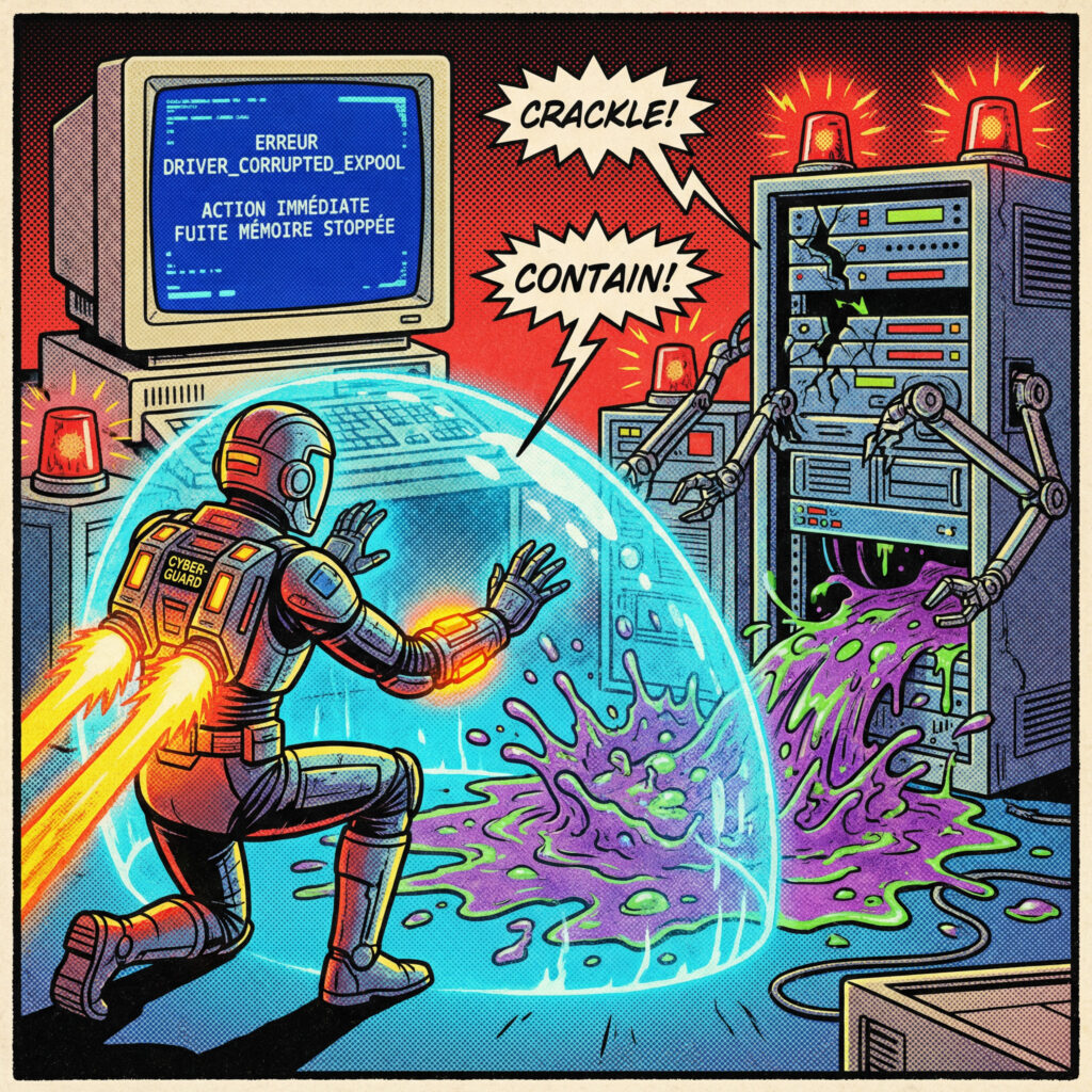 Case de comics montrant une action rapide pour corriger l’erreur DRIVER_CORRUPTED_EXPOOL avec écran bleu Windows