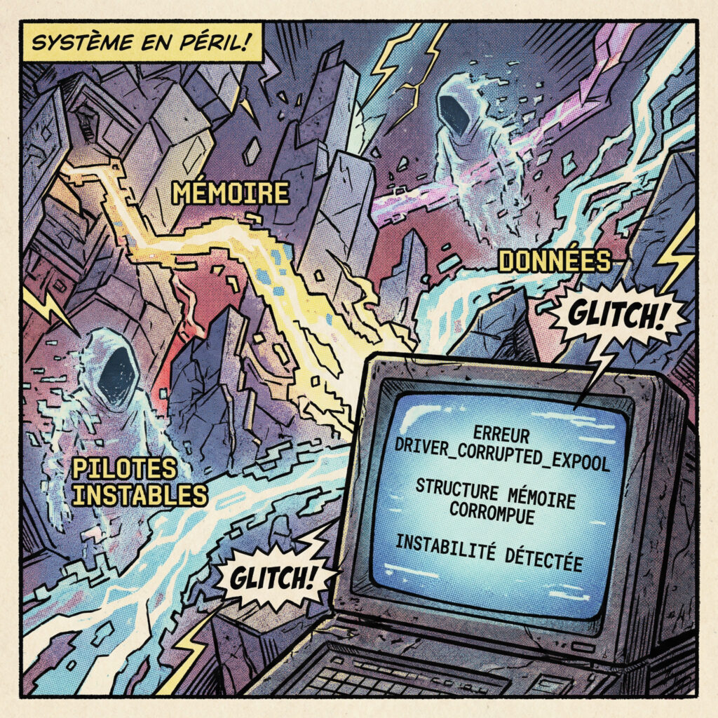 Case de comics illustrant les causes de l’erreur DRIVER_CORRUPTED_EXPOOL avec mémoire corrompue et écran bleu Windows