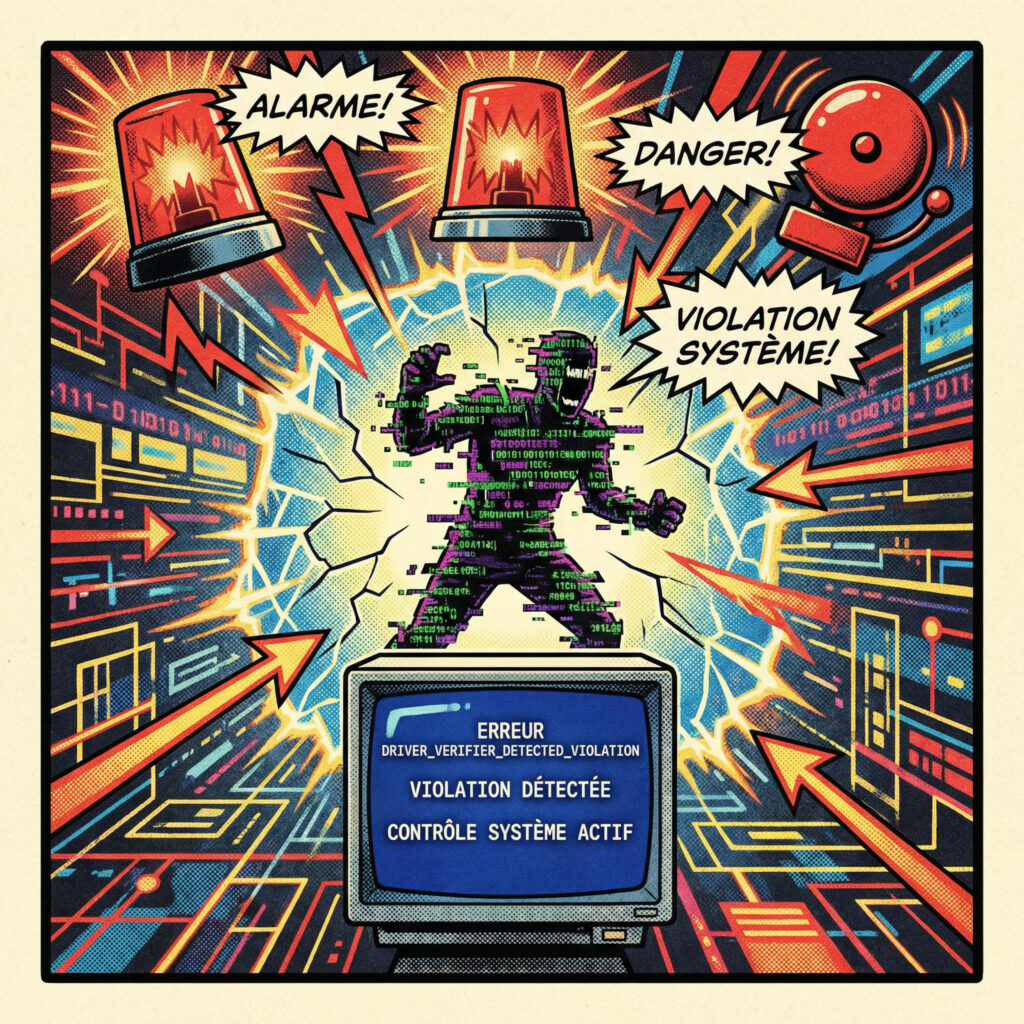Case de comics illustrant l’origine de l’erreur DRIVER_VERIFIER_DETECTED_VIOLATION avec écran bleu Windows et violation de pilote