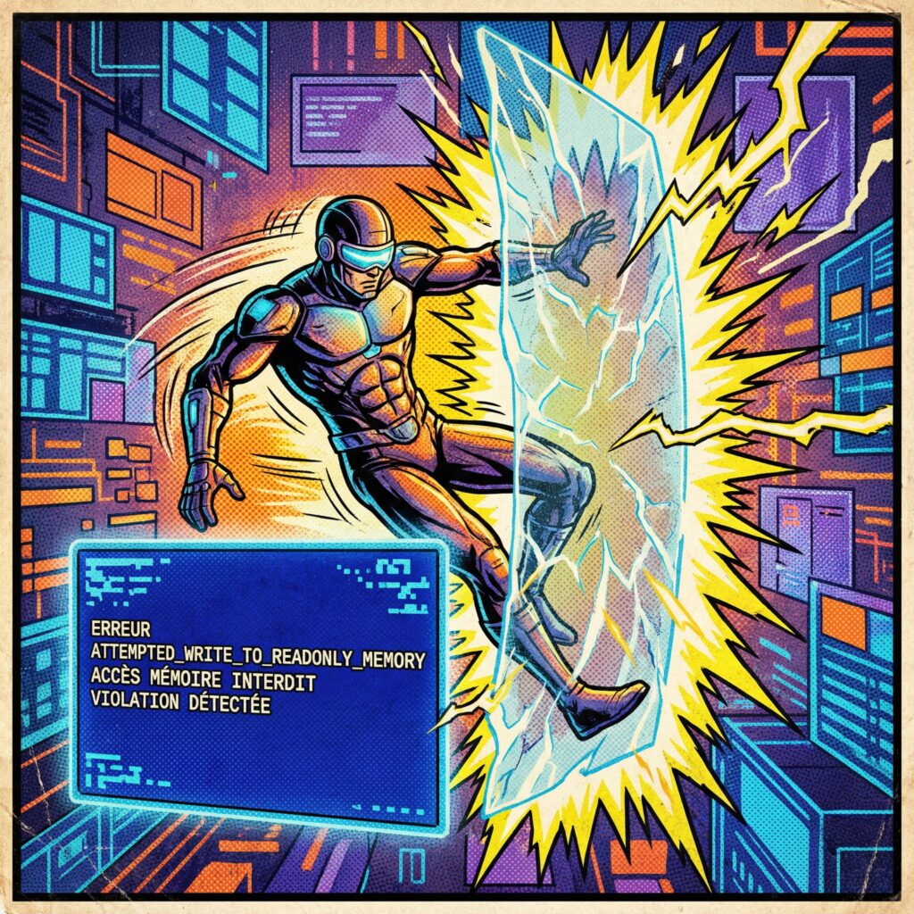 Case de comics années 80 illustrant l’origine de l’erreur ATTEMPTED_WRITE_TO_READONLY_MEMORY avec écran bleu Windows et accès mémoire refusé