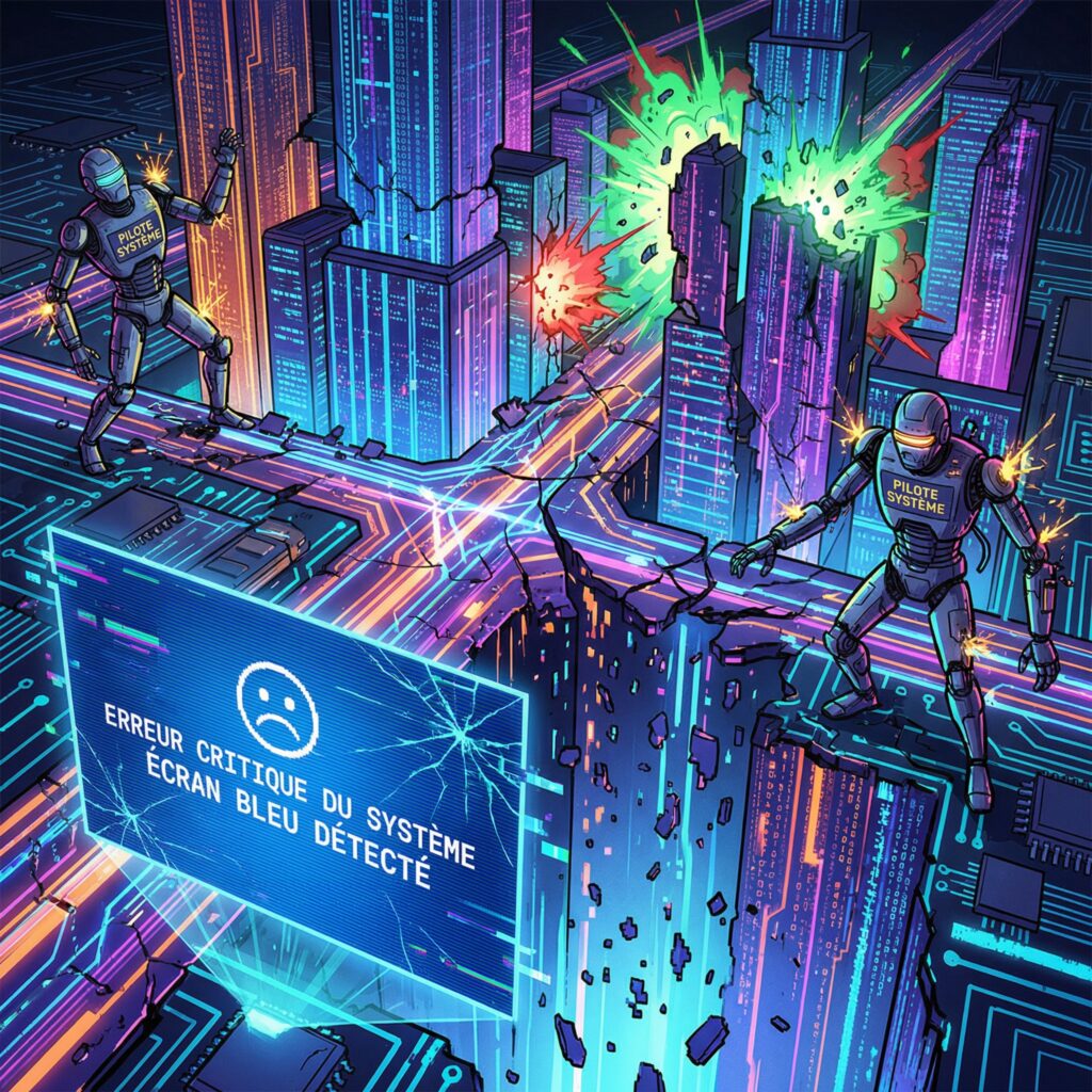 Illustration comics représentant les causes d’un écran bleu Windows avec des circuits et pilotes système défaillants kernel security check failure