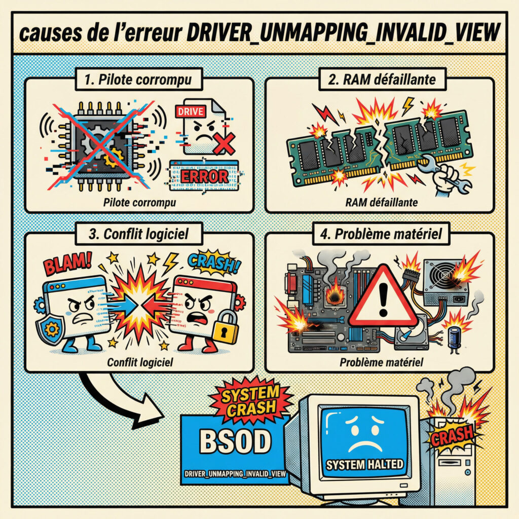 causes écran bleu Windows pilotes RAM conflit logiciel illustration comics