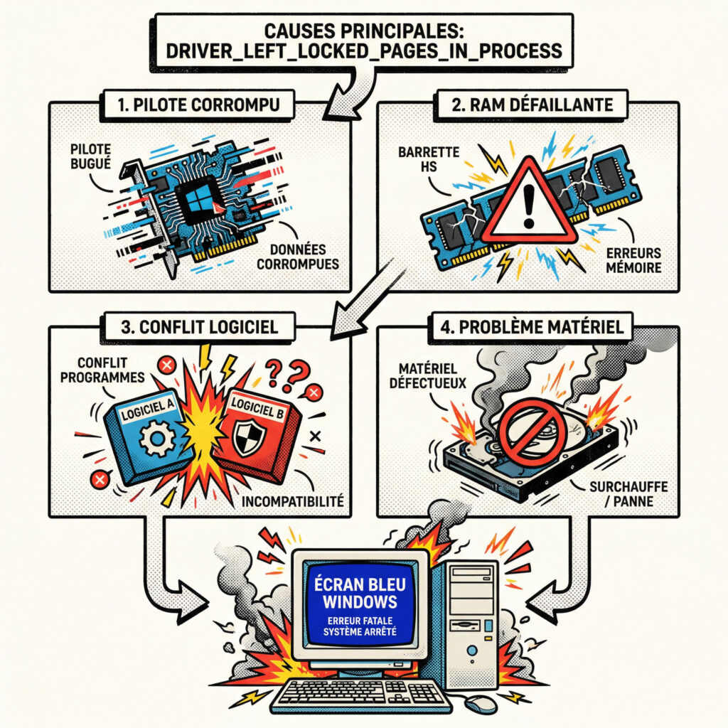 causes écran bleu Windows pilotes RAM conflit logiciel illustration comics