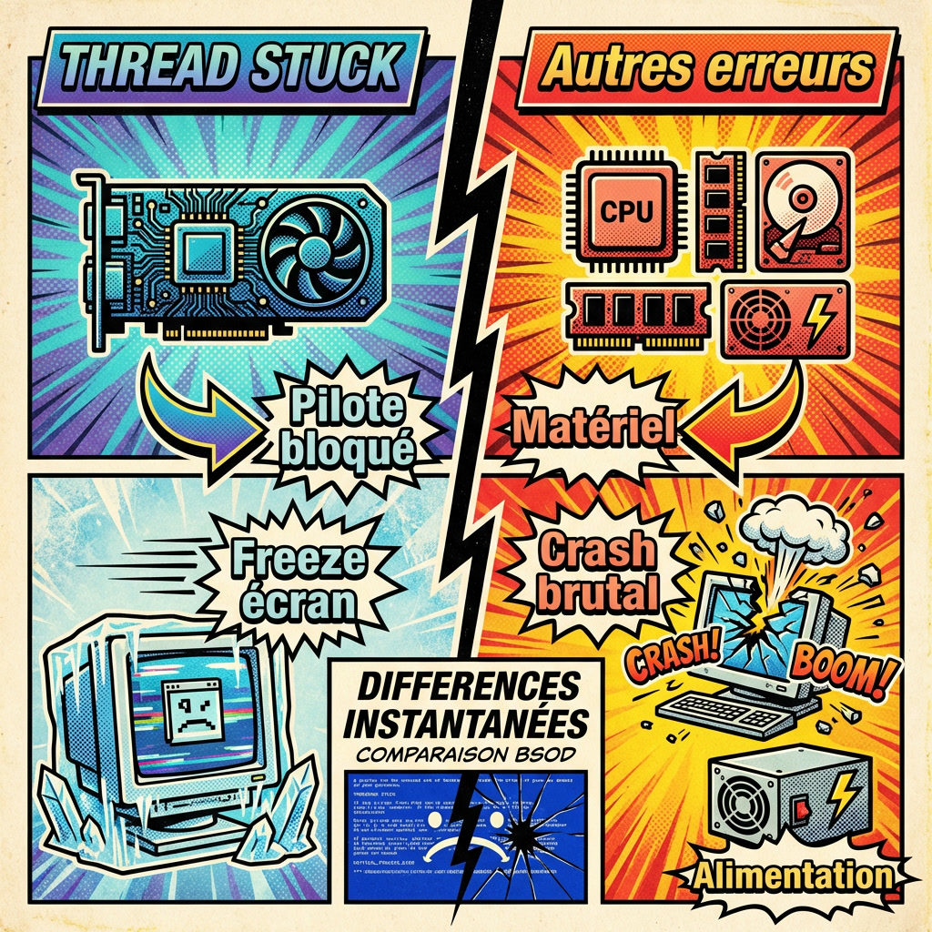 Comparaison entre THREAD STUCK IN DEVICE DRIVER et autres erreurs écran bleu Windows