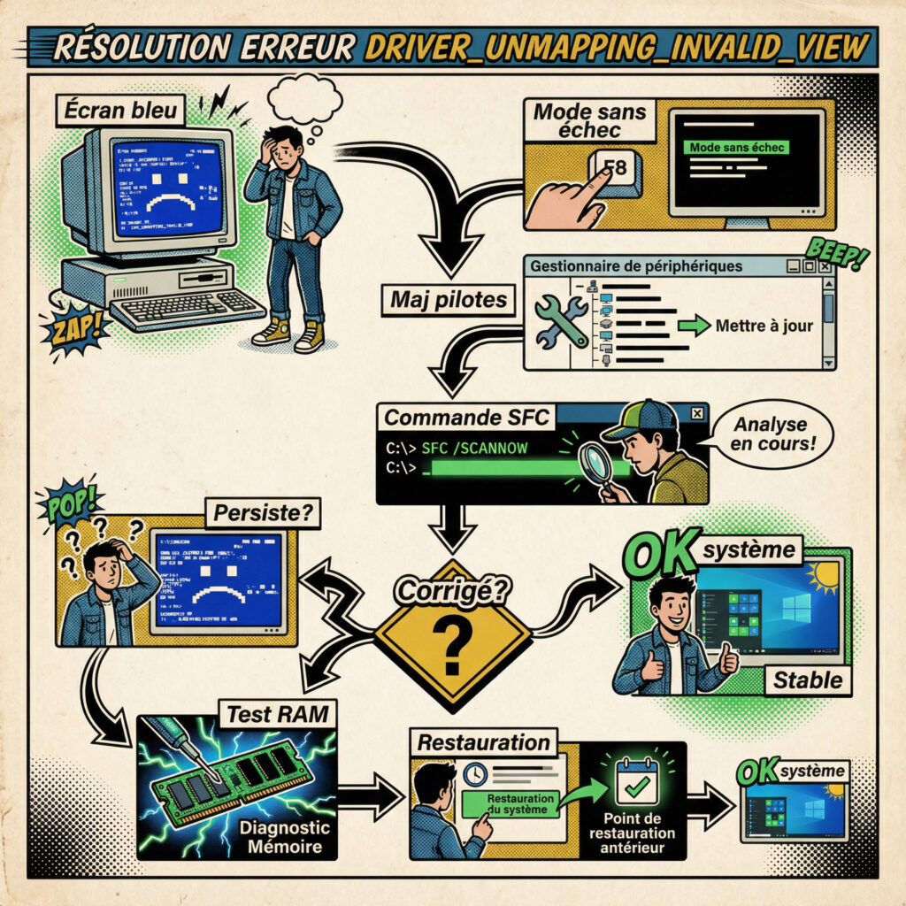 guide visuel corriger écran bleu Windows pilotes sfc mode sans échec