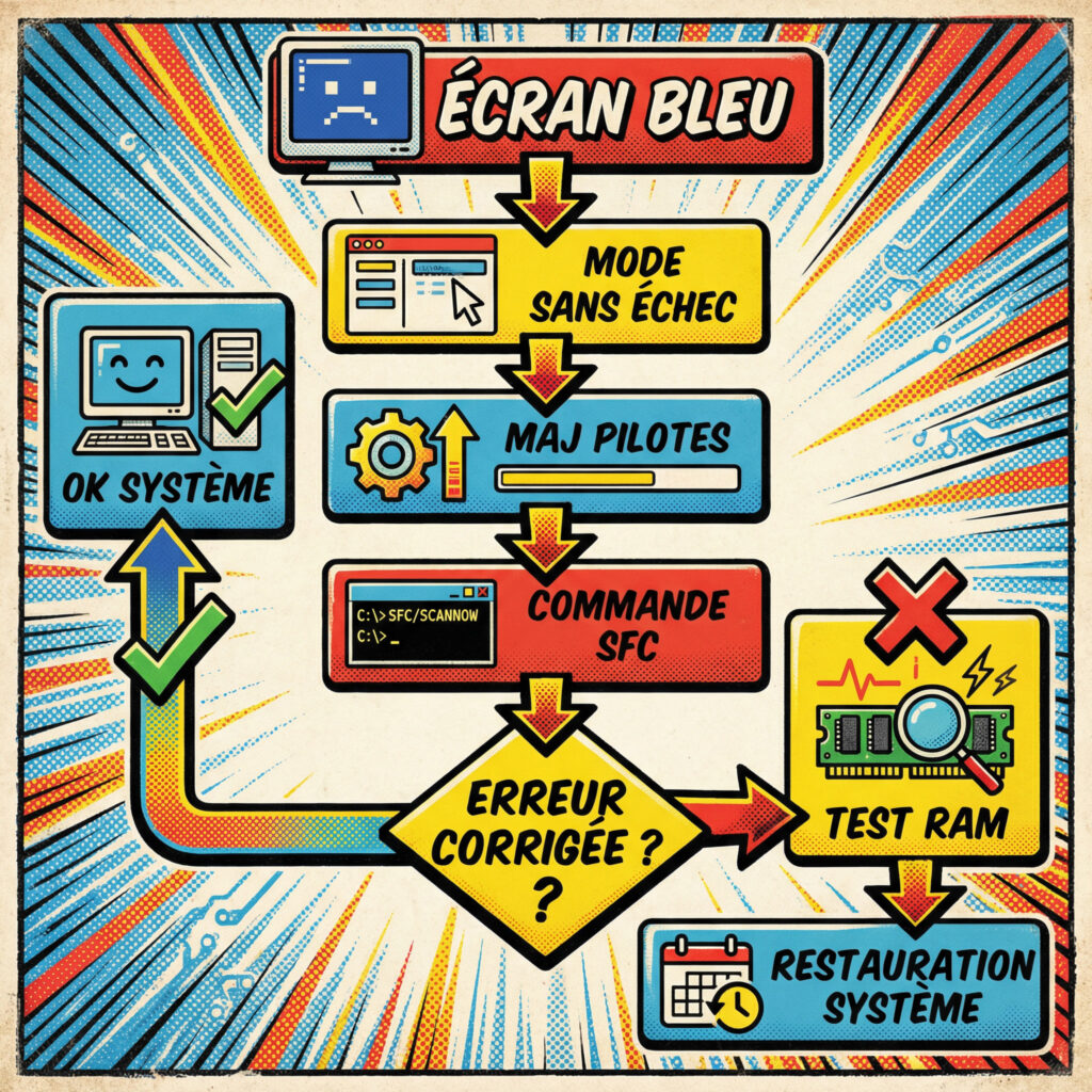 étapes corriger écran bleu Windows guide visuel mode sans échec pilotes sfc