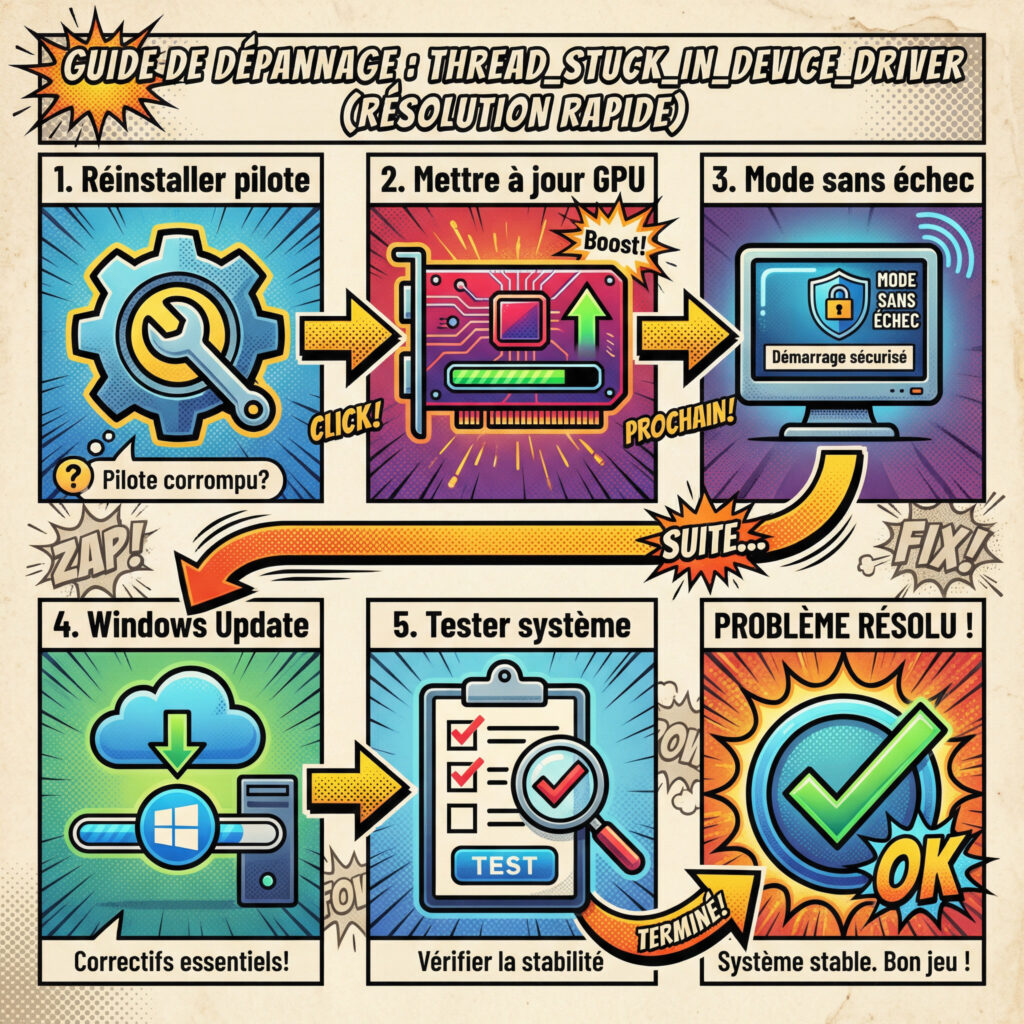 Checklist visuelle pour corriger l’erreur THREAD STUCK IN DEVICE DRIVER sur Windows