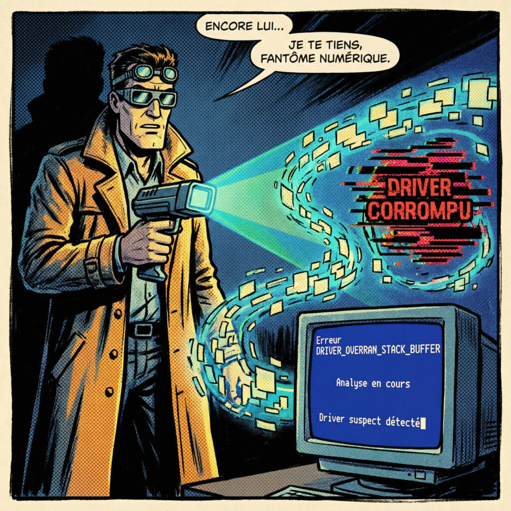 Case de comics montrant l’identification du driver responsable de l’erreur DRIVER_OVERRAN_STACK_BUFFER avec écran bleu Windows