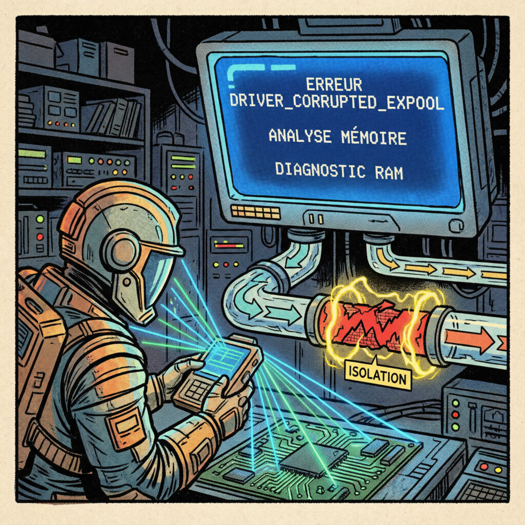Case de comics analysant la mémoire RAM pour diagnostiquer l’erreur DRIVER_CORRUPTED_EXPOOL avec écran bleu Windows