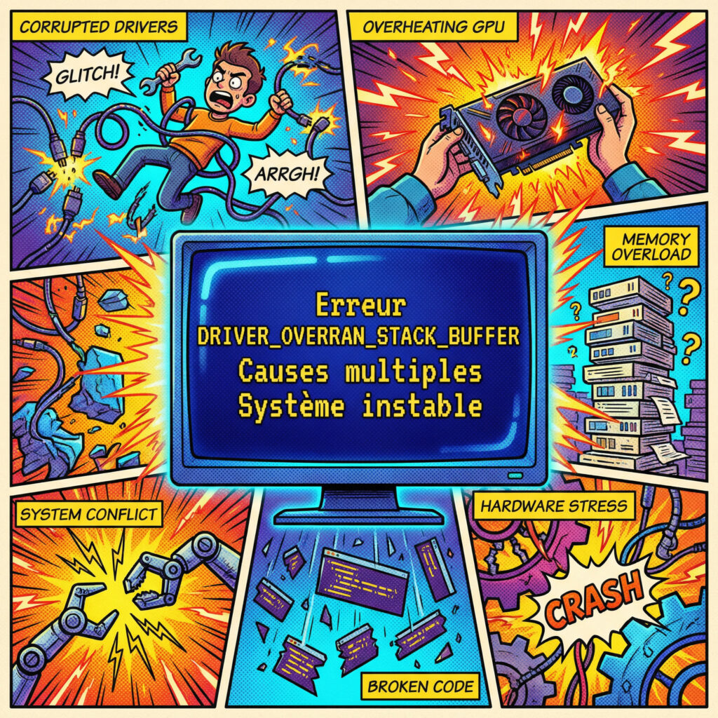 Case de comics illustrant les causes de l’erreur DRIVER_OVERRAN_STACK_BUFFER et écran bleu Windows