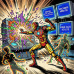 Illustration comics rétro montrant une surcharge mémoire et l’erreur DRIVER_OVERRAN_STACK_BUFFER avec écran bleu Windows