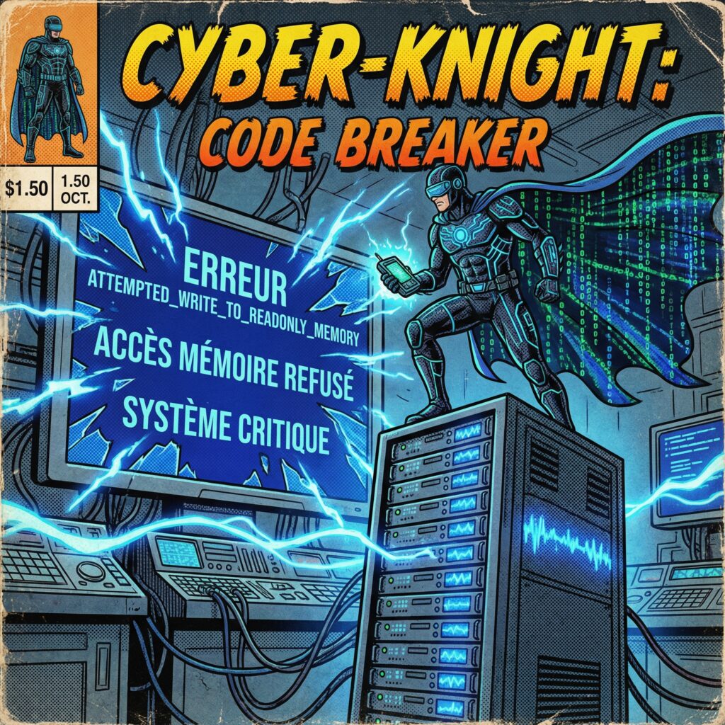 Illustration comics rétro années 80 d’un héros face à l’erreur ATTEMPTED_WRITE_TO_READONLY_MEMORY avec écran bleu Windows