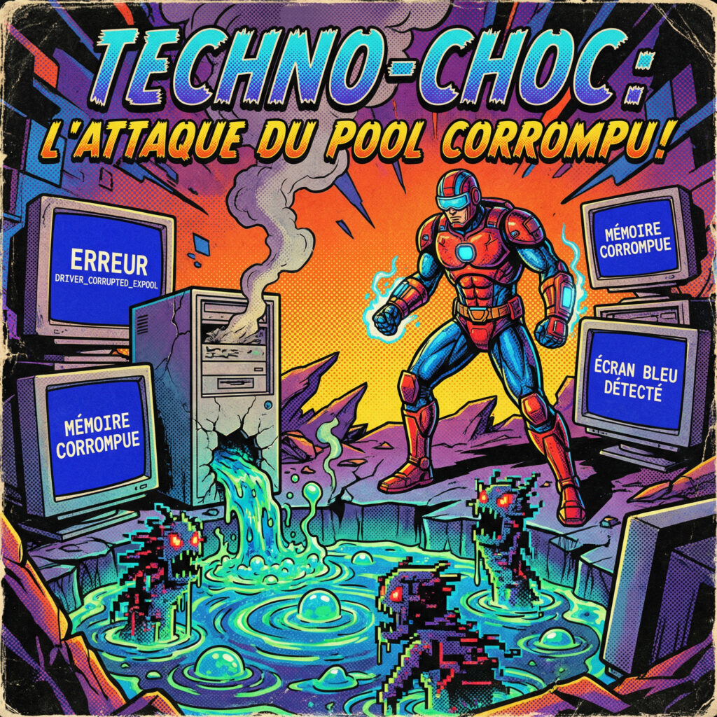 Illustration comics rétro années 80 montrant l’erreur DRIVER_CORRUPTED_EXPOOL avec mémoire corrompue et écran bleu Windows