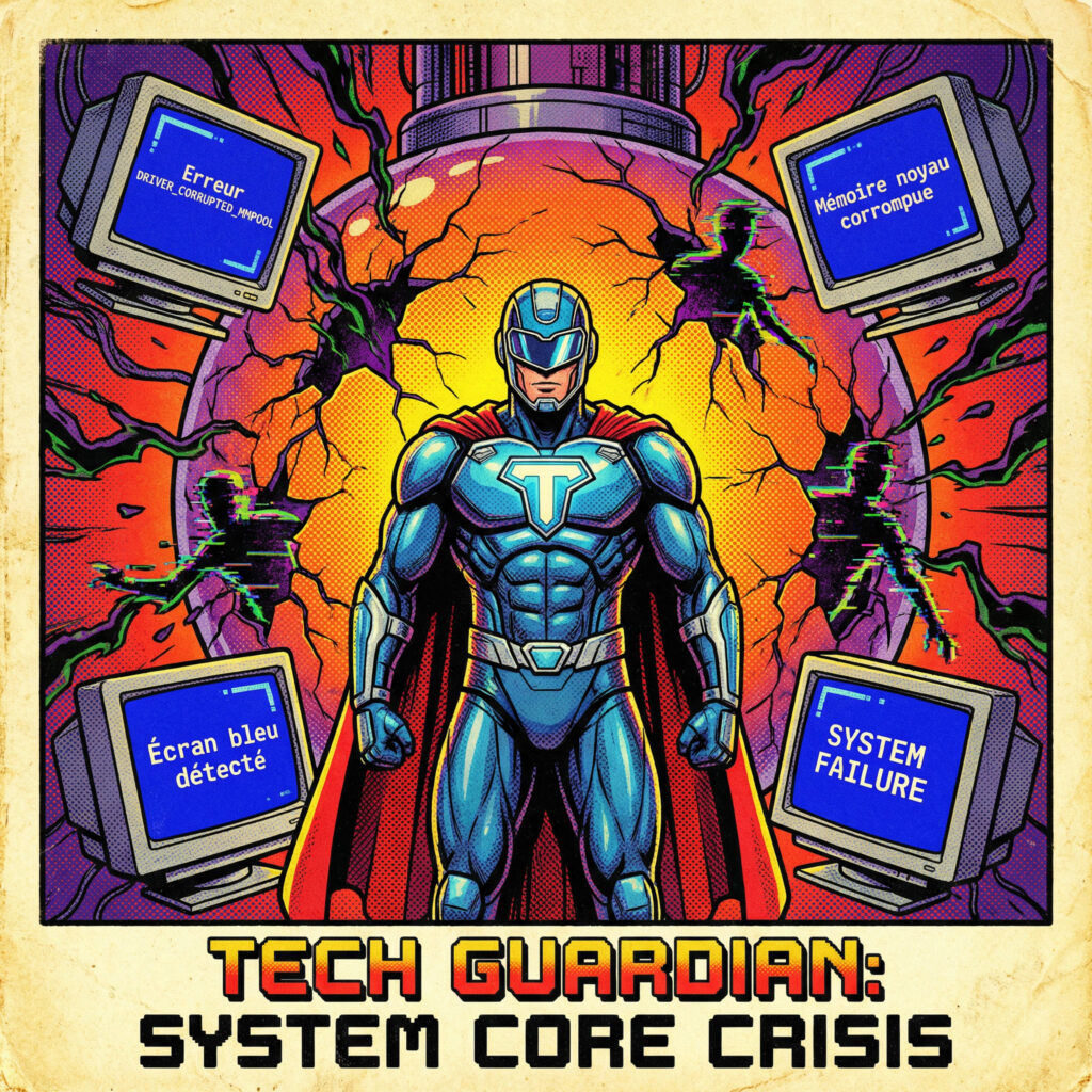 Illustration comics rétro années 80 montrant l’erreur DRIVER_CORRUPTED_MMPOOL avec mémoire noyau corrompue et écran bleu Windows