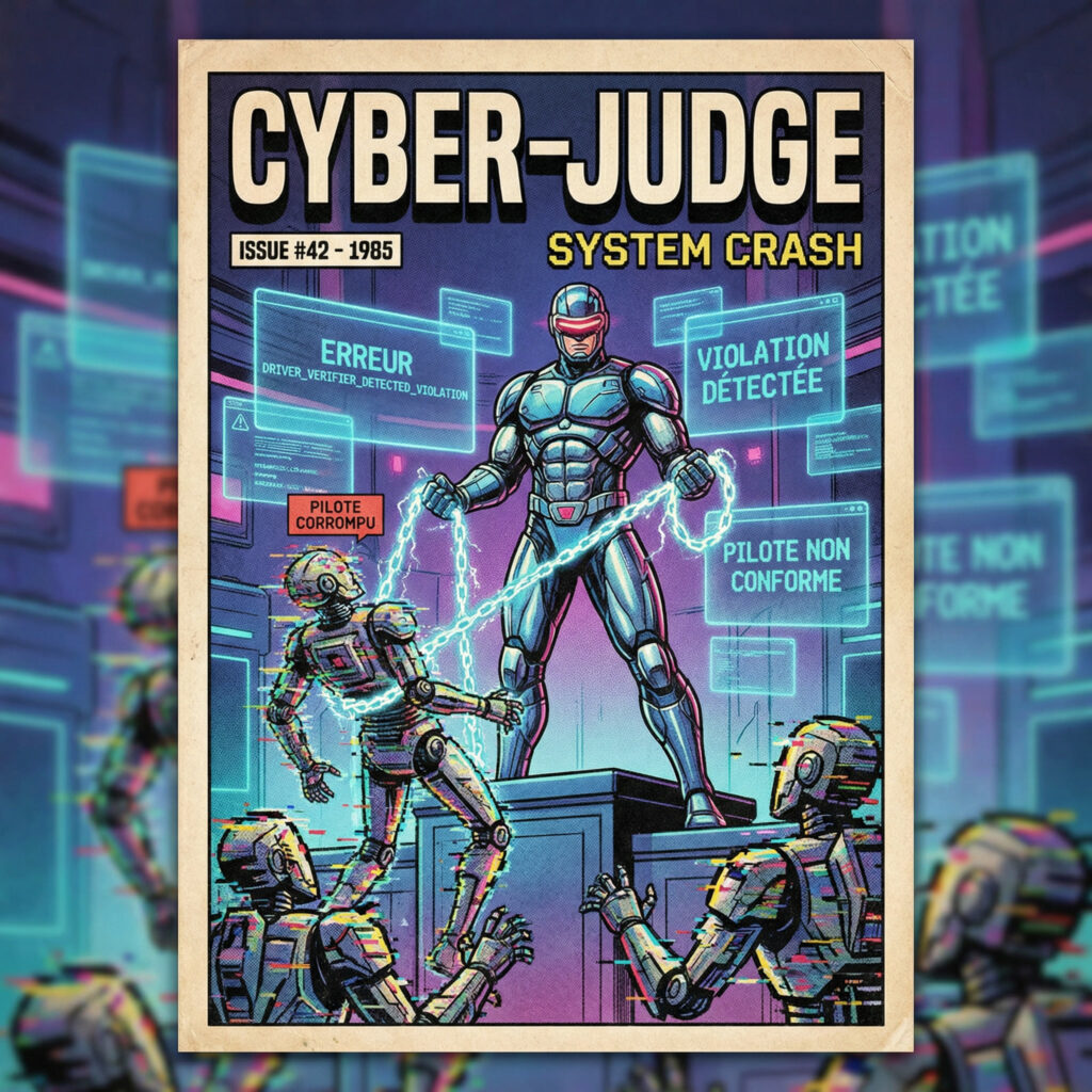 Illustration comics rétro années 80 montrant l’erreur DRIVER_VERIFIER_DETECTED_VIOLATION avec des pilotes corrompus et un écran bleu Windows
