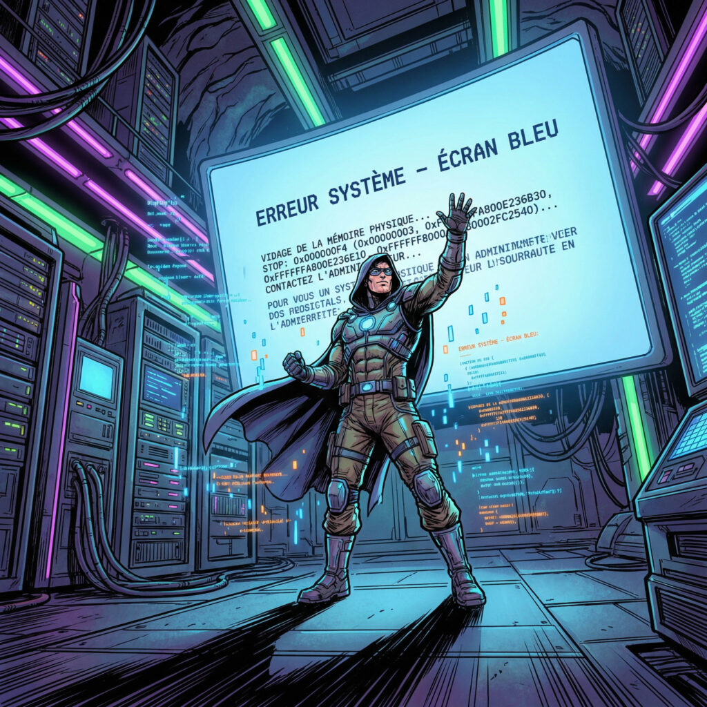 Illustration style comics d’un technicien face à un écran bleu d’erreur Windows dans un laboratoire informatique futuriste corrigeant erreur kernel security check failure