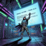 Illustration style comics d’un technicien face à un écran bleu d’erreur Windows dans un laboratoire informatique futuriste corrigeant erreur kernel security check failure