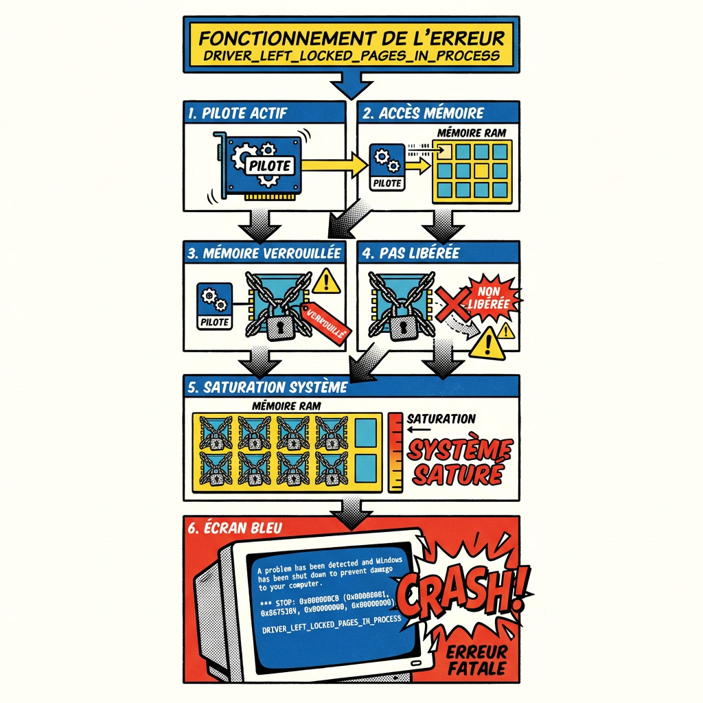 fonctionnement erreur écran bleu Windows mémoire verrouillée pilote illustration comics