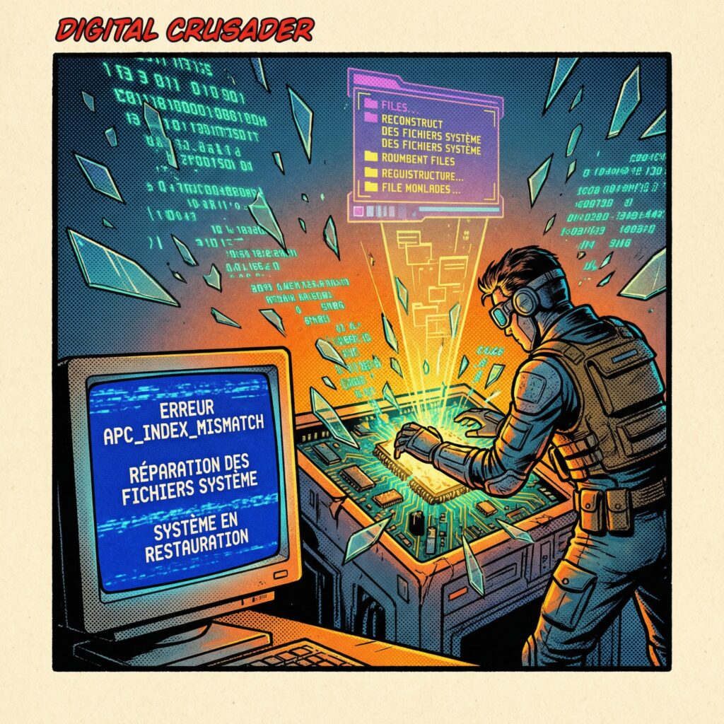 Case de comics années 80 illustrant la réparation des fichiers système pour corriger l’erreur APC_INDEX_MISMATCH et l’écran bleu Windows