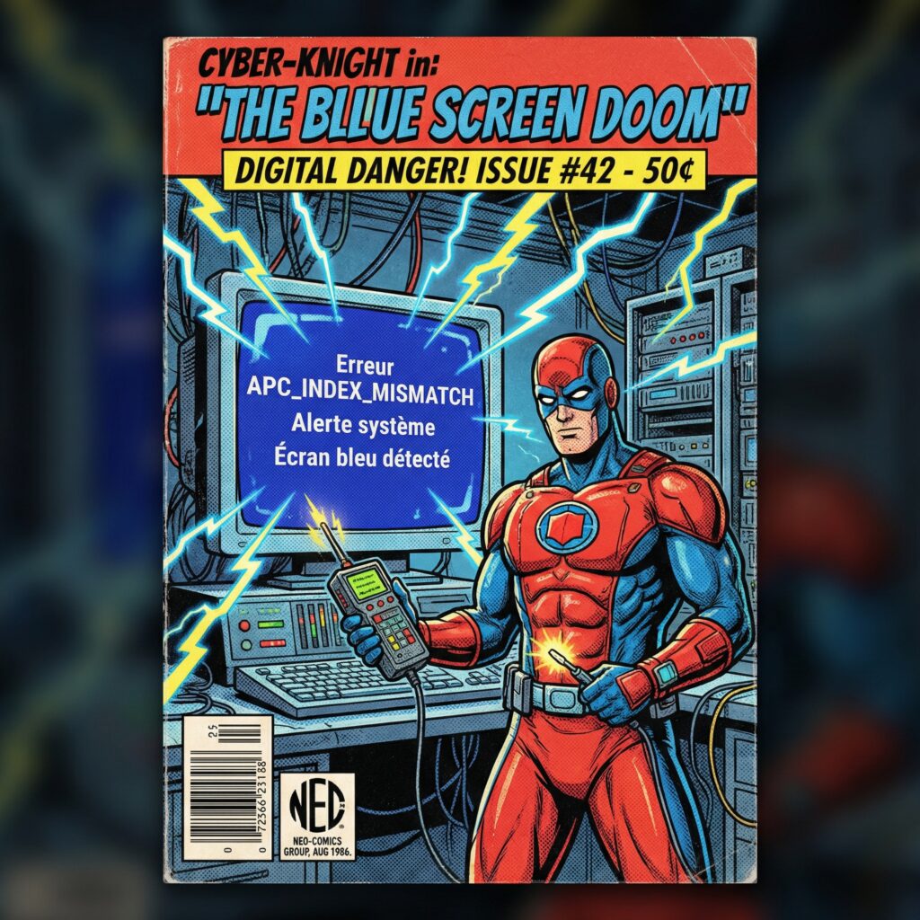 Illustration comics rétro années 80 d’un technicien face à l’erreur APC_INDEX_MISMATCH avec écran bleu Windows