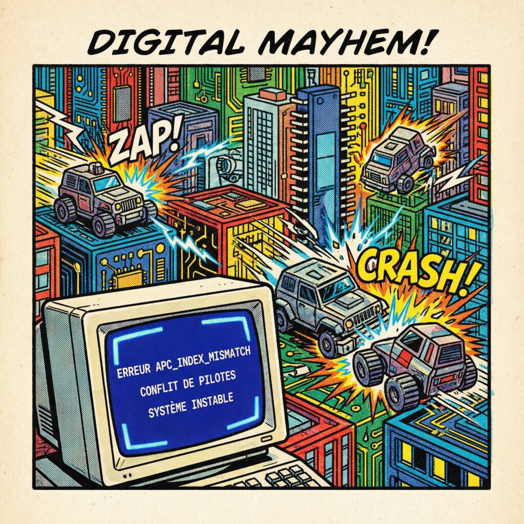 Case de comics années 80 expliquant l’origine de l’erreur APC_INDEX_MISMATCH avec écran bleu Windows