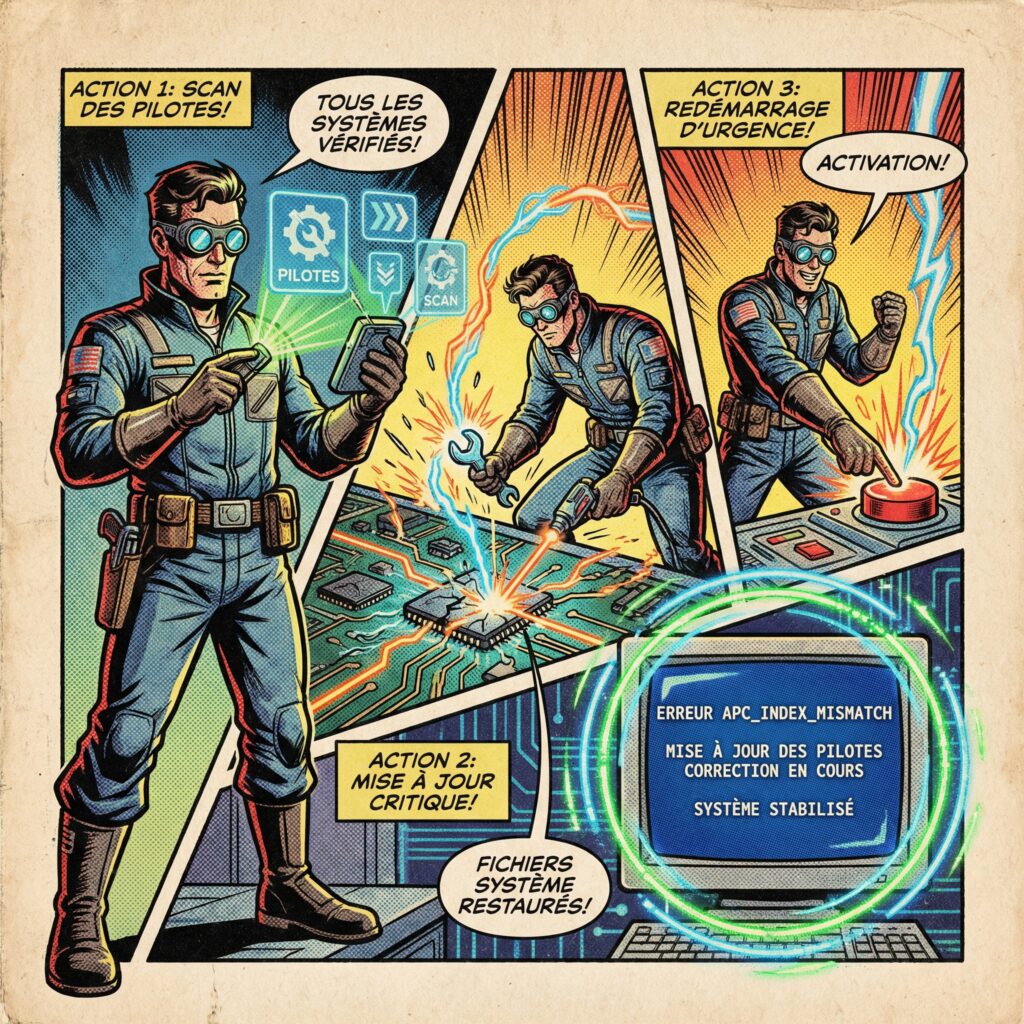 Case de comics rétro montrant la mise à jour des pilotes pour corriger l’erreur APC_INDEX_MISMATCH et l’écran bleu Windows